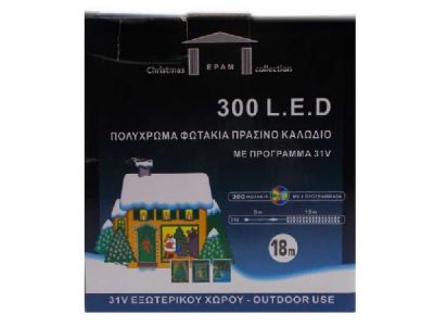 Φωτάκια Χριστουγεννιάτικα Epam 300 LED Με Πρόγραμμα Λευκό Θερμό Φως/Πράσινο Καλώδιο 31V 18 μέτρα