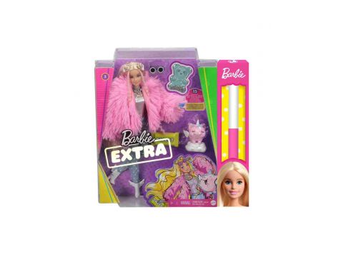 Mattel Λαμπάδα Barbie Extra Doll In Pink Fluffy Coat With Unicorn Pig Toy, GRN28, 1 τμχ