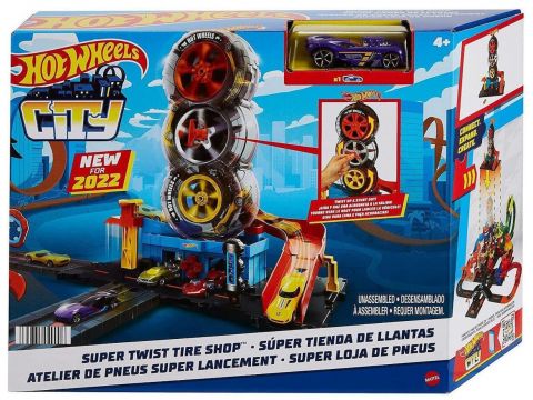 Mattel Hot Wheels City Super Twist Tire Shop Playset, Spin The Key To Make Cars Travel Through The Tires, Includes 1 Car HDP02